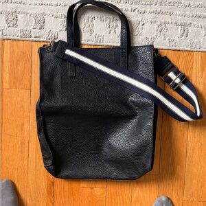 Barneys New York Black Leather Messenger Bag with Striped Strap